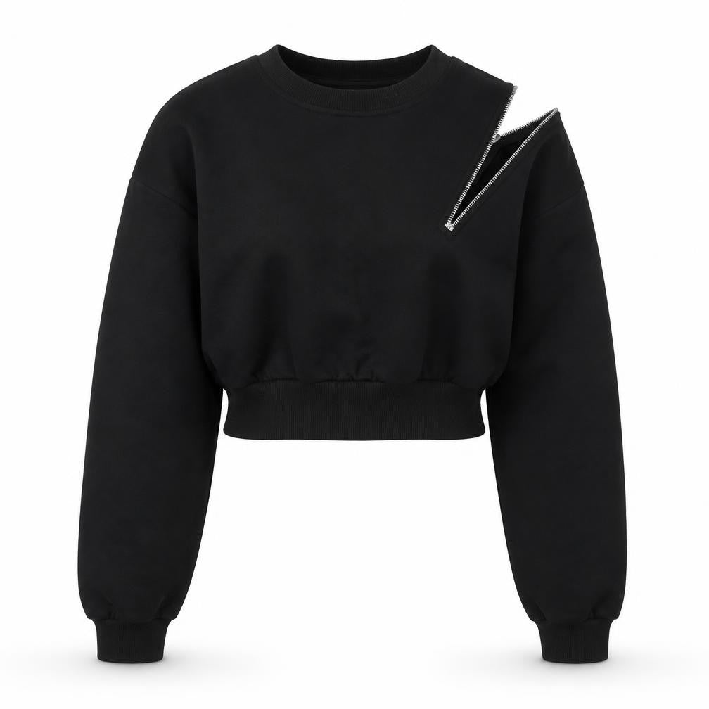 Front view of Cider women’s black polyester pullover sweatshirt, size XS, pullover