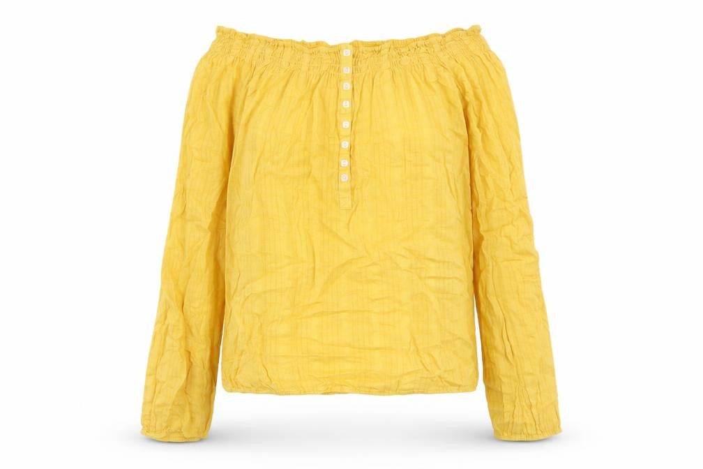 Front view of George women’s yellow cotton basic blouse, size UK 10, off the shoulder