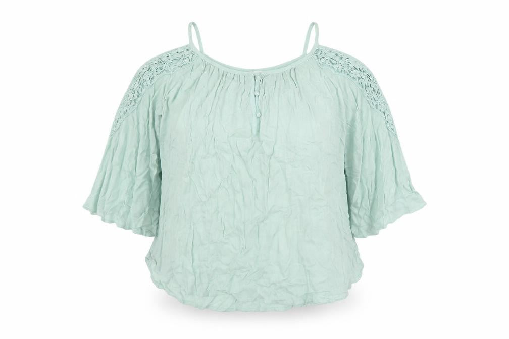 Front view of Apricot women’s green viscose basic blouse, size UK 12, boat neck
