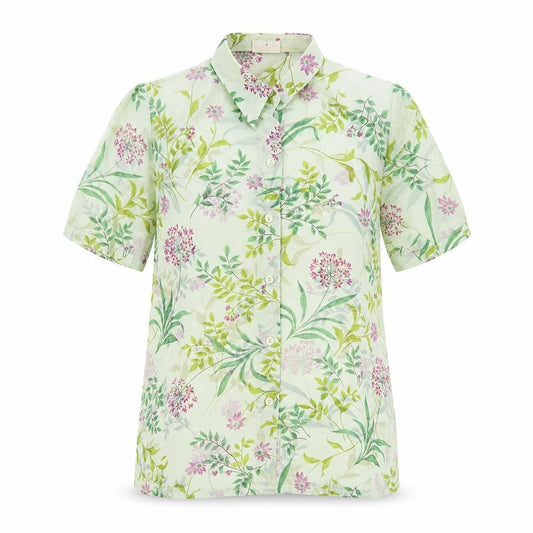 Front view of Sommermann women’s green floral polyester basic button-up, size UK 8, collared
