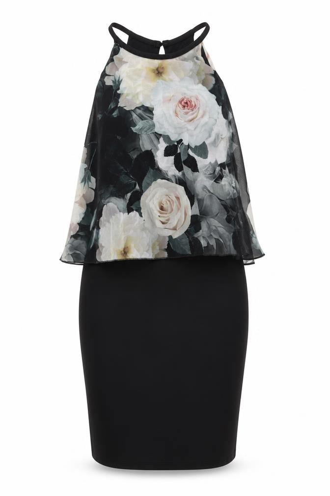 Lipsy Womens Black Floral Polyester Pencil Dress Size S Halter Button