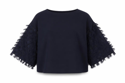 Front view of H&M women’s blue polyester basic blouse, size L, round neck