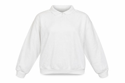 Front view of Zara women’s white cotton pullover sweatshirt, size S, button