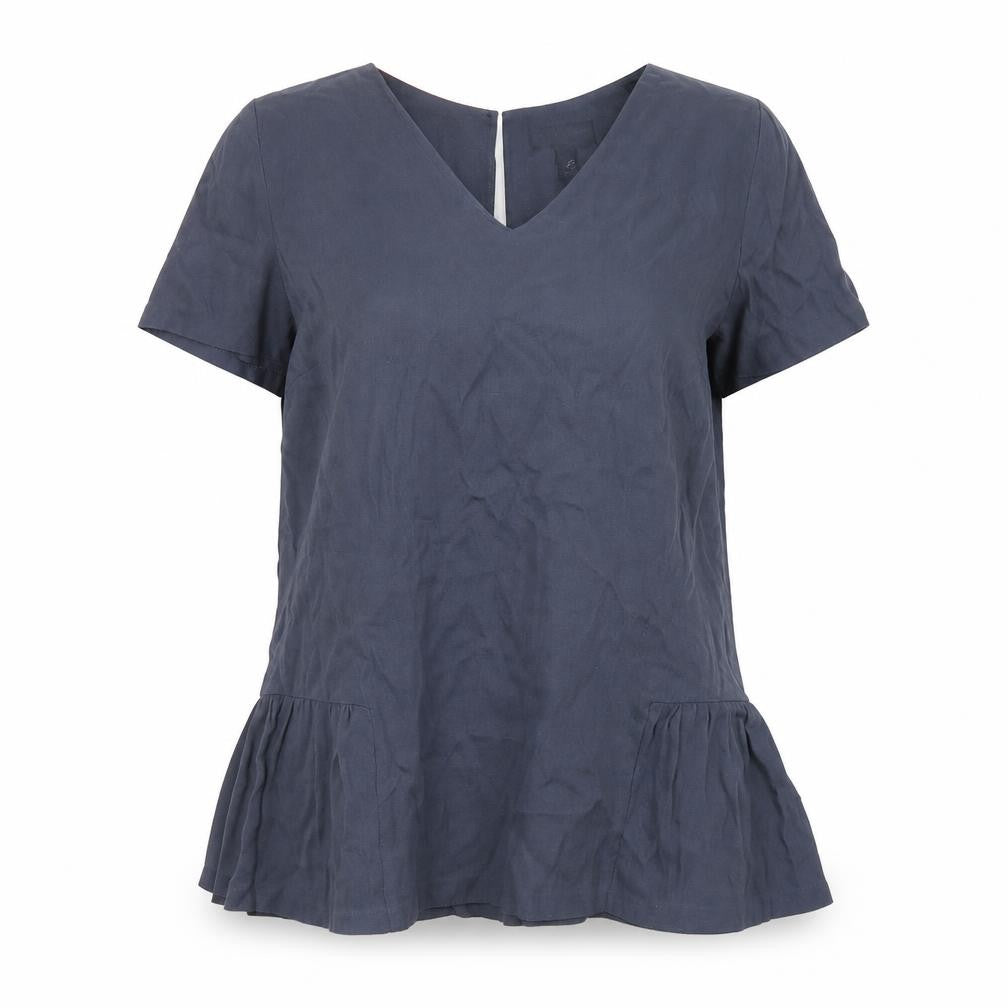 Front view of The White Company women’s blue viscose basic blouse, size UK 8, v-neck