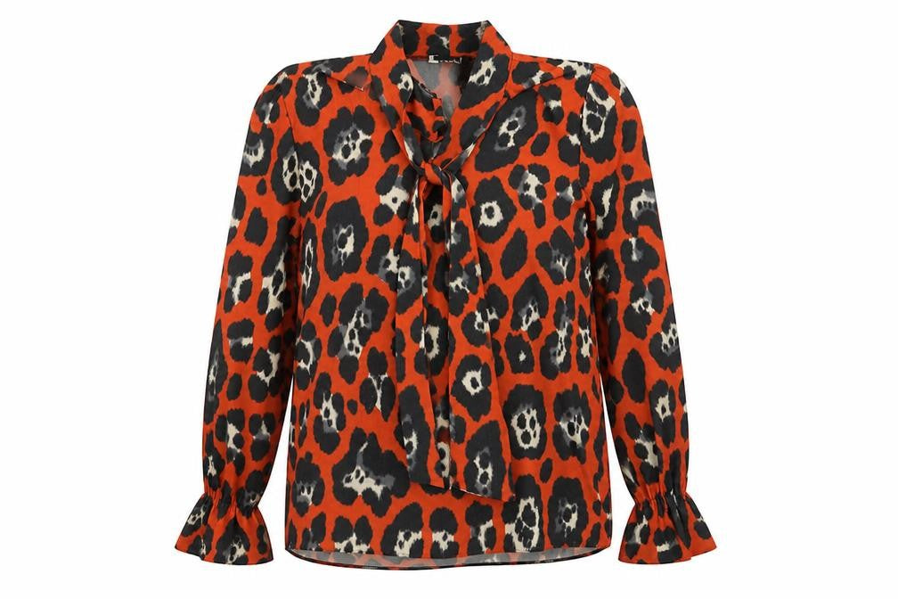 Zack London Womens Orange Animal Print Polyester Basic Blouse Size 12 V-Neck - Leopard Print Pussy Bow