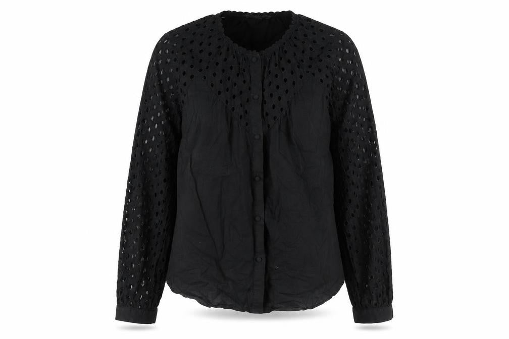 Front view of Cerise Blue women’s black cotton basic blouse, size S, round neck