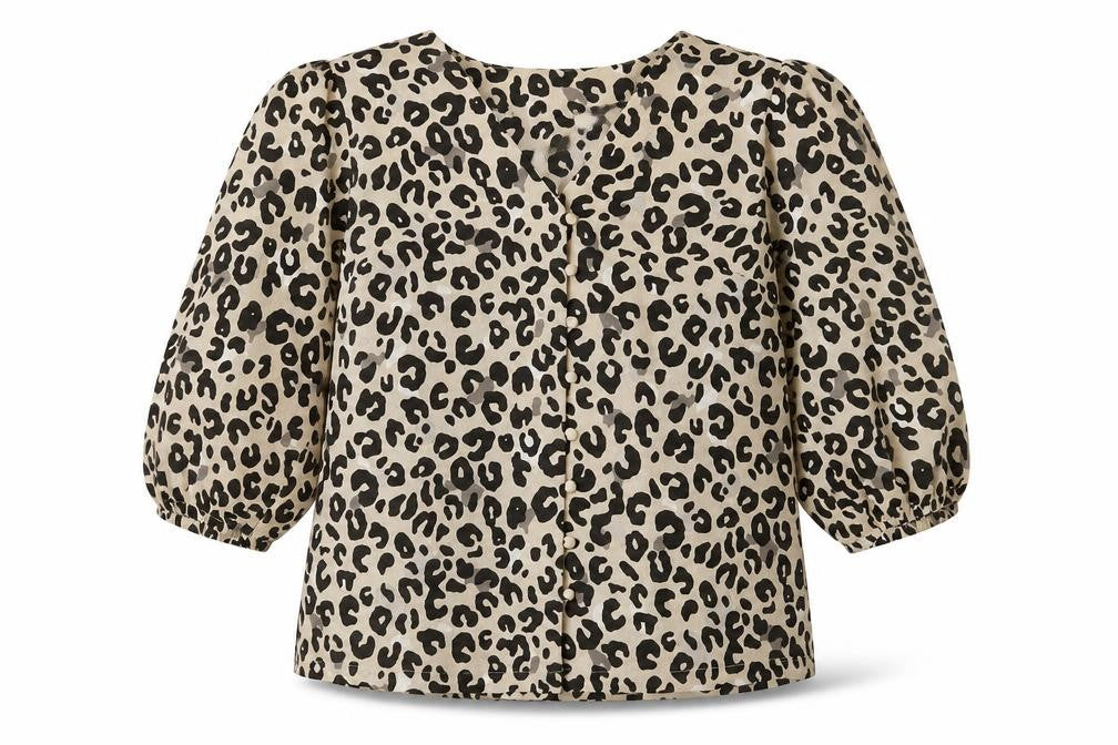 Front view of Marks & Spencer women’s brown animal print polyester basic blouse, size UK 10, v-neck - leopard print
