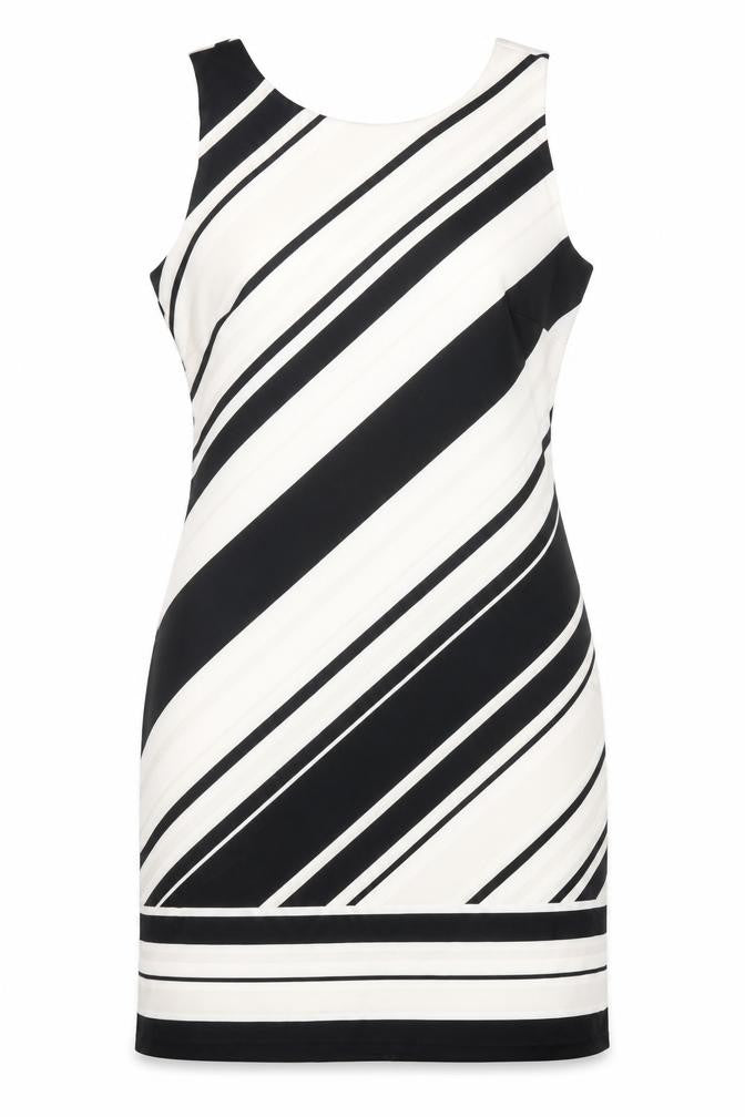 Front view of Wallis women’s white striped polyester shift, size UK 12, round neck zip