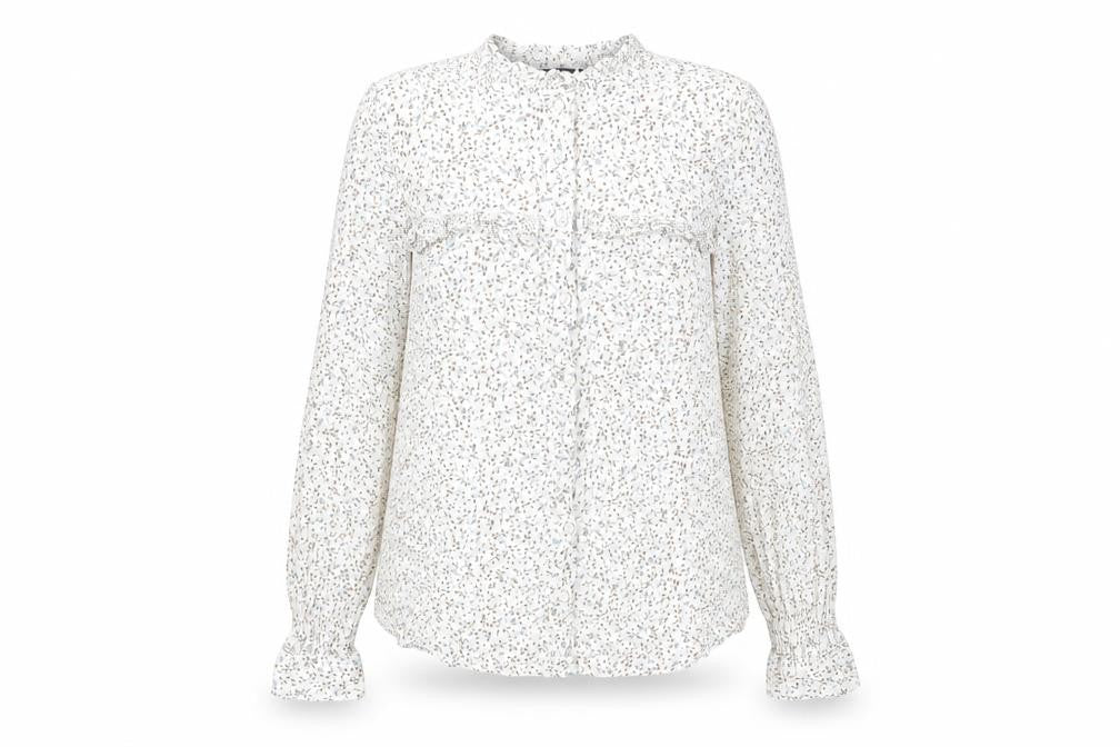 Front view of Marks & Spencer women’s white floral viscose basic button-up, size UK 14, round neck