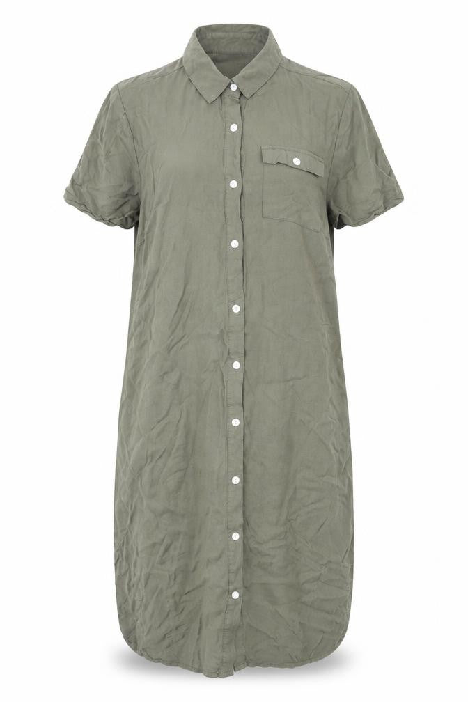 Front view of Avon women’s green viscose shirt dress, size UK 8, collared button