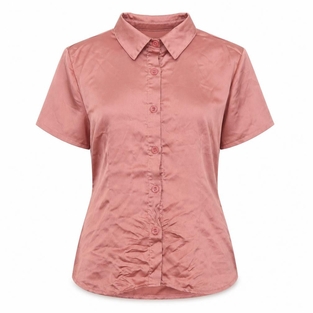 Front view of Boohoo women’s pink polyester basic button-up, size UK 12, collared