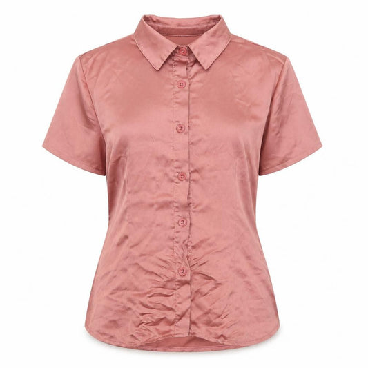 Front view of Boohoo women’s pink polyester basic button-up, size UK 12, collared