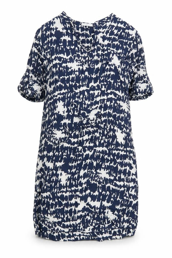 Front view of Aquariva women’s blue geometric viscose shift, size M, v-neck pullover