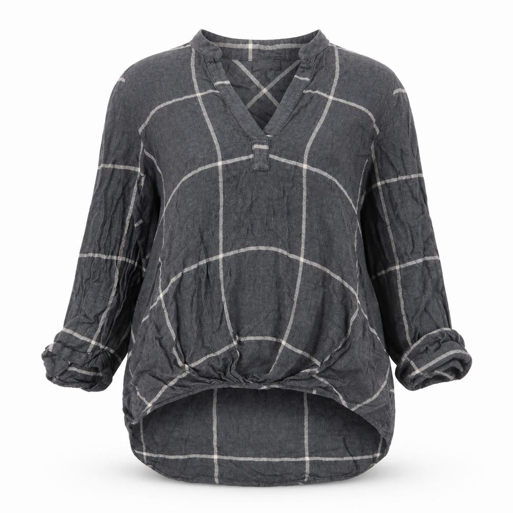 Front view of River Island women’s grey check viscose basic blouse, size UK 10, v-neck