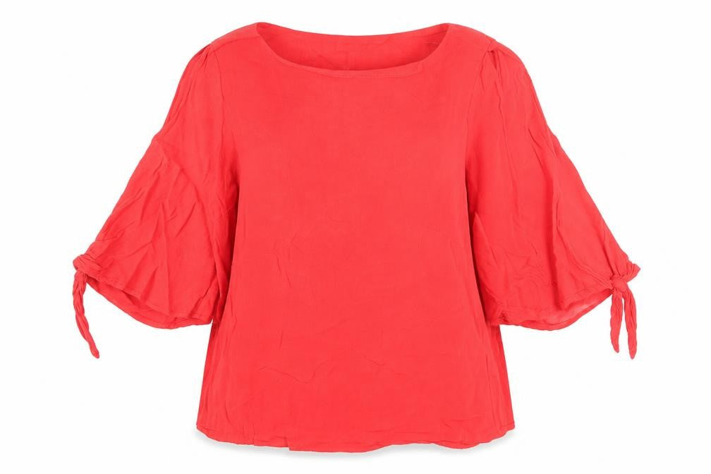 Front view of H&M women’s red polyester basic blouse, size UK 8, round neck