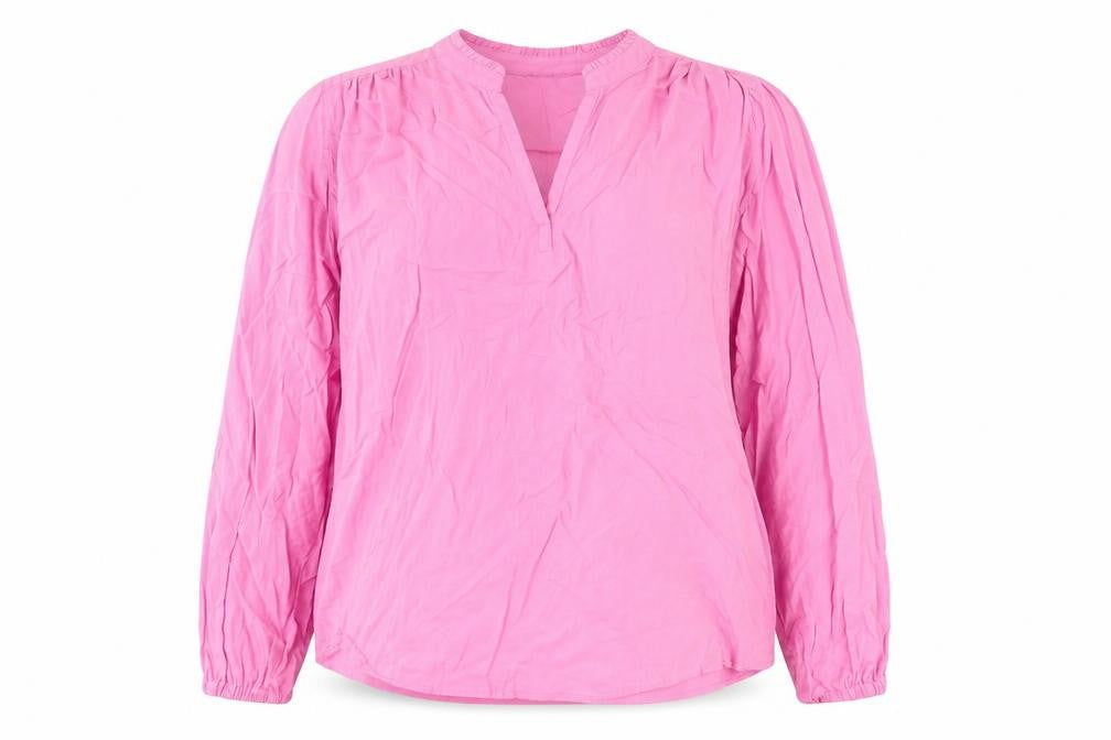 Front view of Marks & Spencer women’s pink viscose basic blouse, size UK 10, v-neck