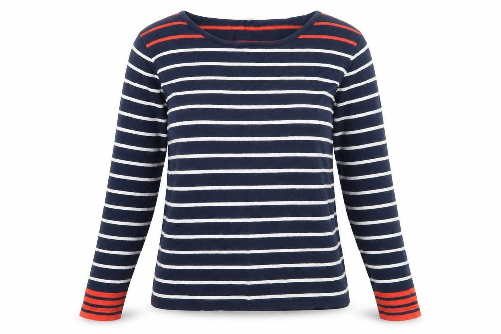 Front view of Eldys women’s blue boat neck striped cotton jumper, size M