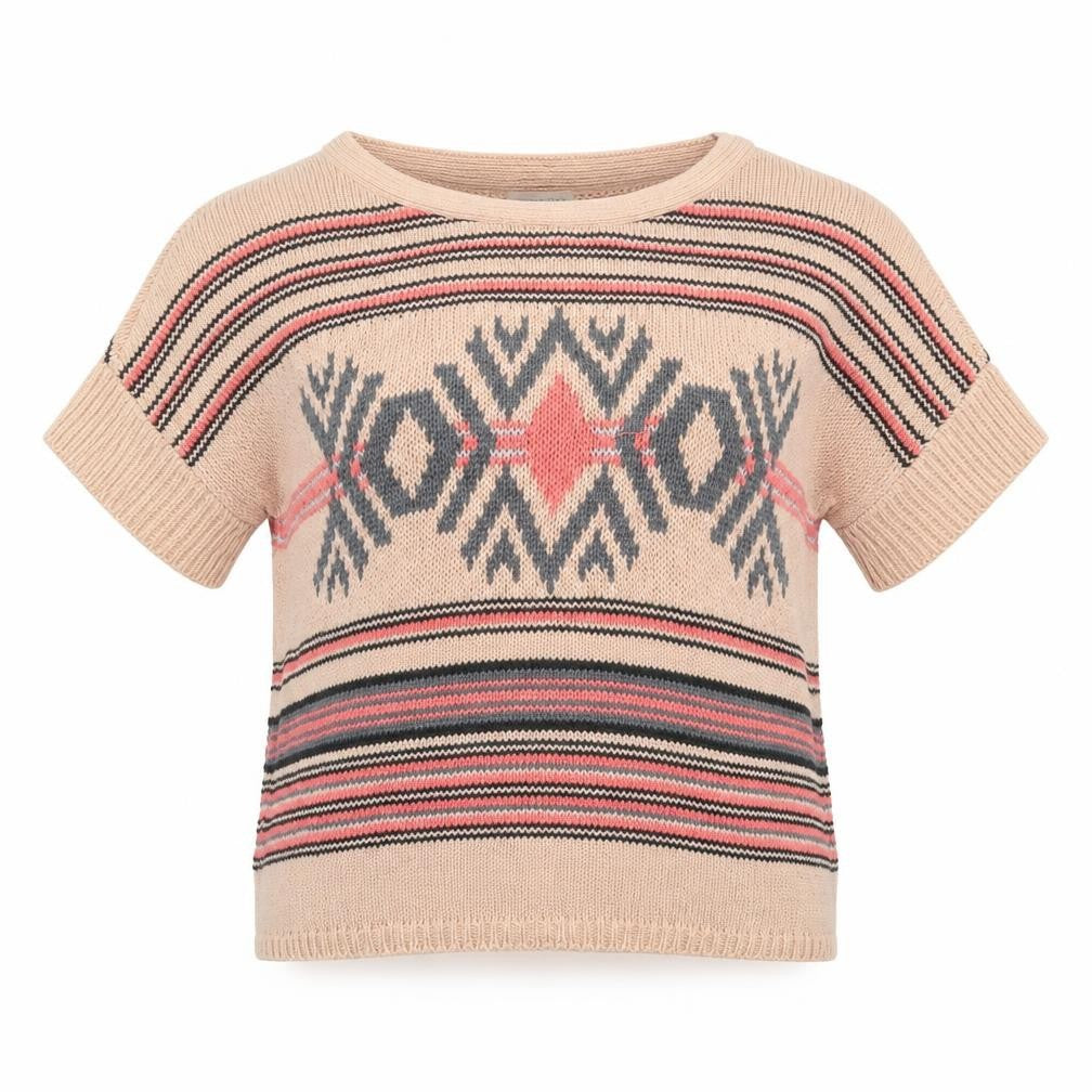 Front view of Monsoon women’s pink boat neck geometric cotton jumper, size S