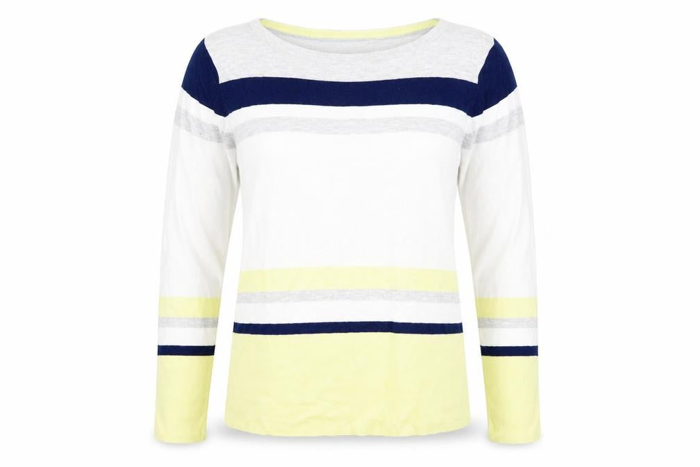 Front view of Marks & Spencer women’s multicoloured round neck striped cotton jumper, size UK 14