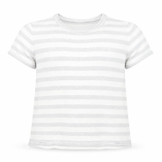 Front view of Next boys’ white round neck striped cotton jumper, size 2-3, years pullover