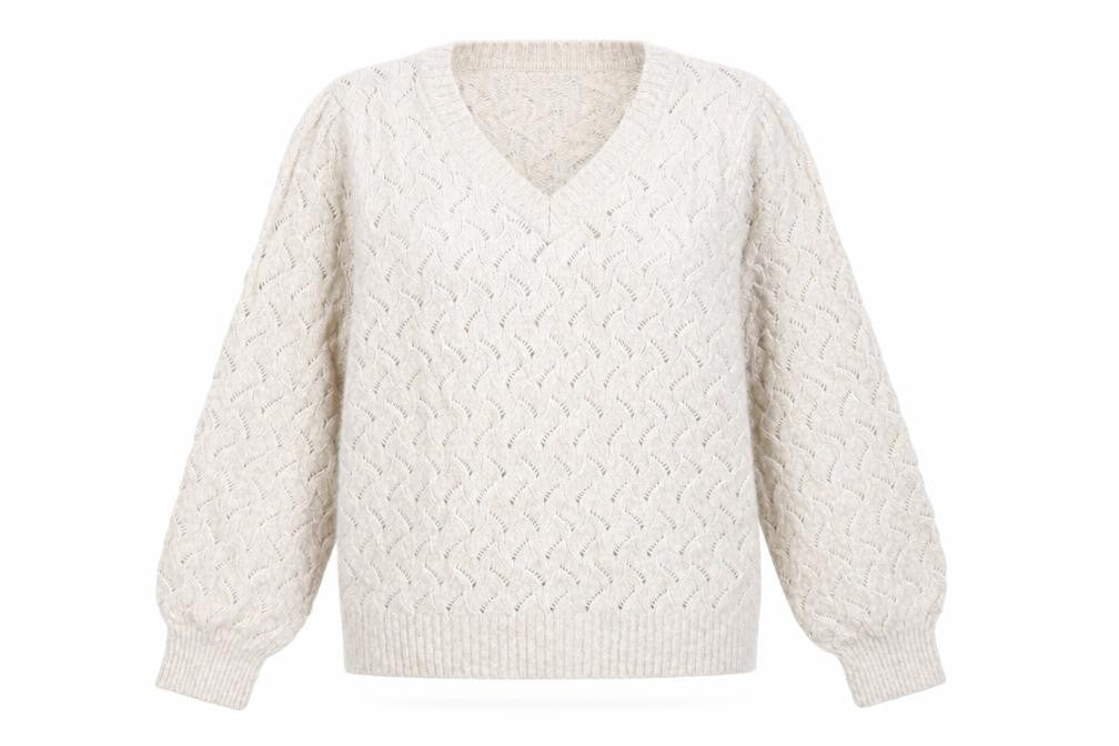 Front view of Marks & Spencer women’s beige v-neck polyester jumper, size L
