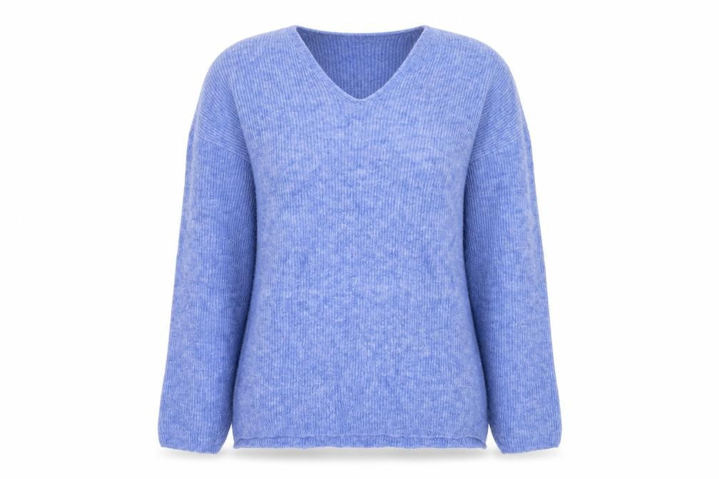 Front view of Vero Moda women’s blue v-neck acrylic jumper, size S
