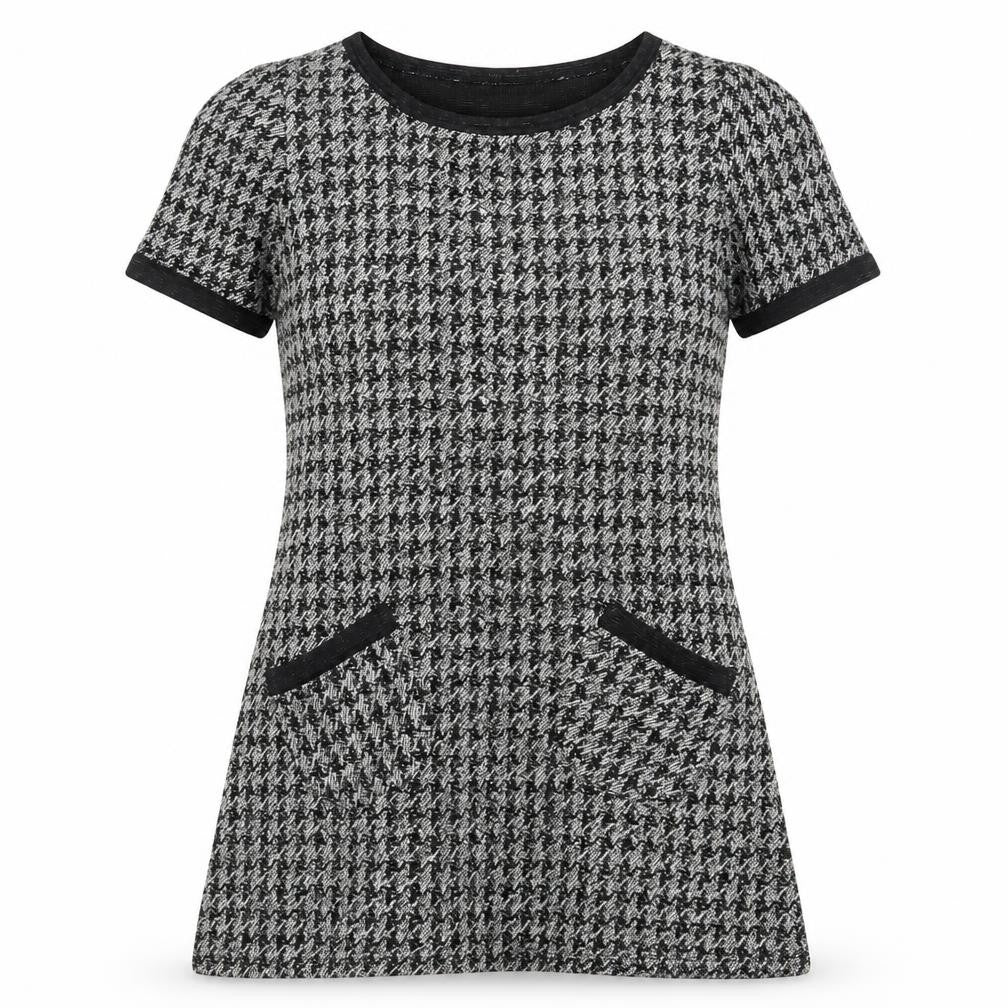 Front view of Next women’s black geometric acrylic shift, size UK 6, boat neck pullover