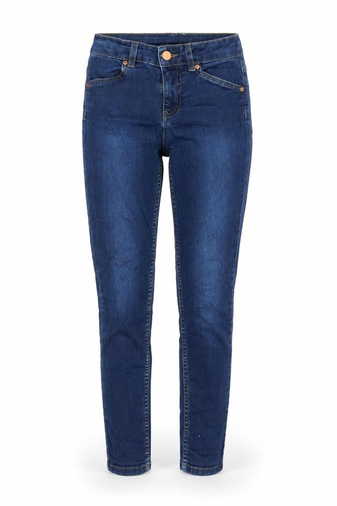 Front view of Oasis women’s blue cotton skinny jeans, size S, regular zip
