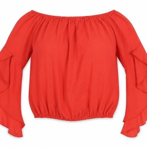 Boohoo Womens Red Polyester Cropped Blouse Size 8 Boat Neck - Flute Sleeve