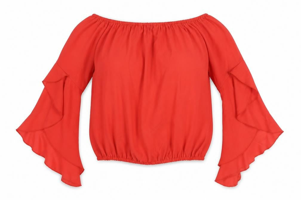 Boohoo Womens Red Polyester Cropped Blouse Size 8 Boat Neck - Flute Sleeve