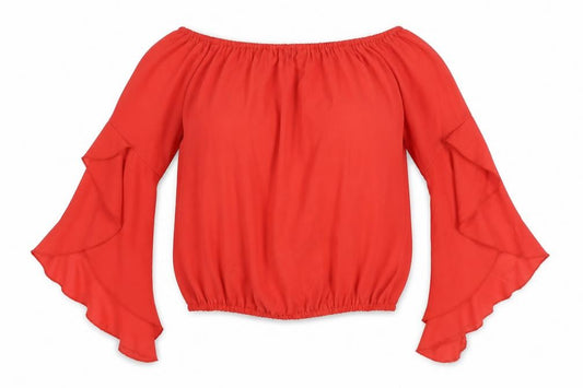 Front view of Boohoo women’s red polyester cropped blouse, size UK 8, boat neck - flute sleeve