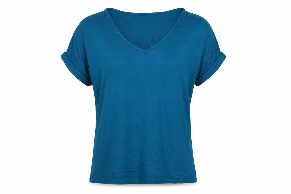 Front view of Giveupp women’s blue viscose basic t-shirt one size v-neck