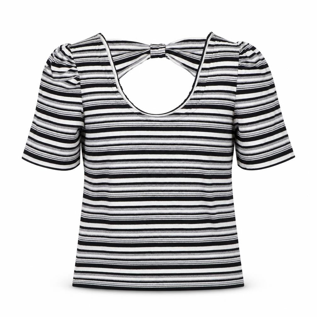 Front view of Linea women’s black striped viscose basic t-shirt, size M, scoop neck