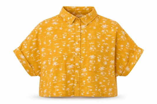 Front view of Lift women’s yellow geometric polyester cropped button-up, size M, collared - palm tree print