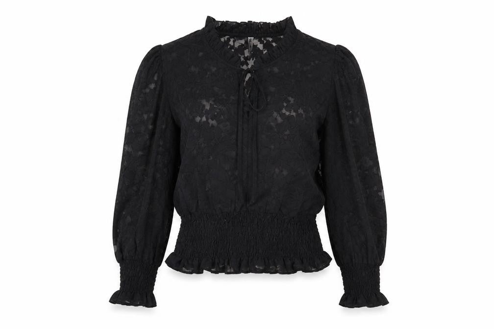 Front view of Golden Line women’s black geometric polyester basic blouse, size S, v-neck