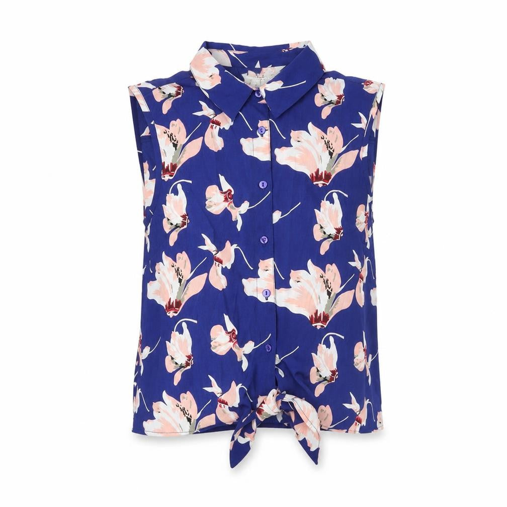 Front view of Brave Soul women’s blue floral polyester basic button-up, size S, collared - knot front