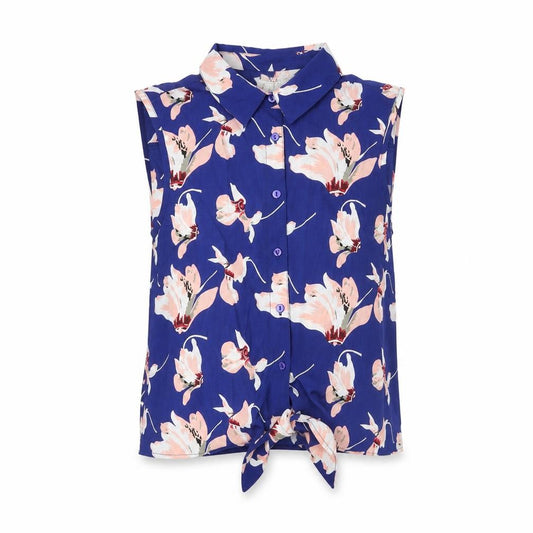 Front view of Brave Soul women’s blue floral polyester basic button-up, size S, collared - knot front