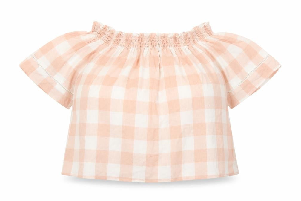 Front view of Papaya women’s pink check polyester cropped blouse, size UK 12, boat neck