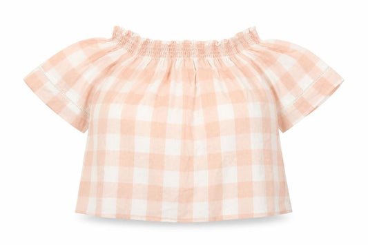 Front view of Papaya women’s pink check polyester cropped blouse, size UK 12, boat neck