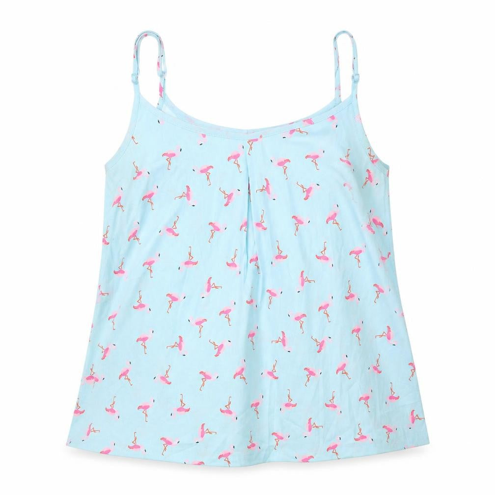 Front view of Simply Be women’s blue geometric polyester basic tank, size UK 12, round neck - flamingo pattern