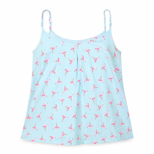 Front view of Simply Be women’s blue geometric polyester basic tank, size UK 12, round neck - flamingo pattern