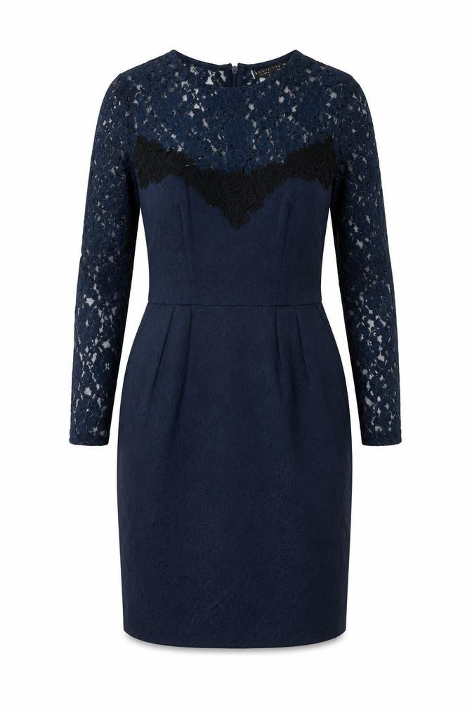 Warehouse Womens Blue Polyester Pencil Dress Size 6 Round Neck Zip - Lace Top