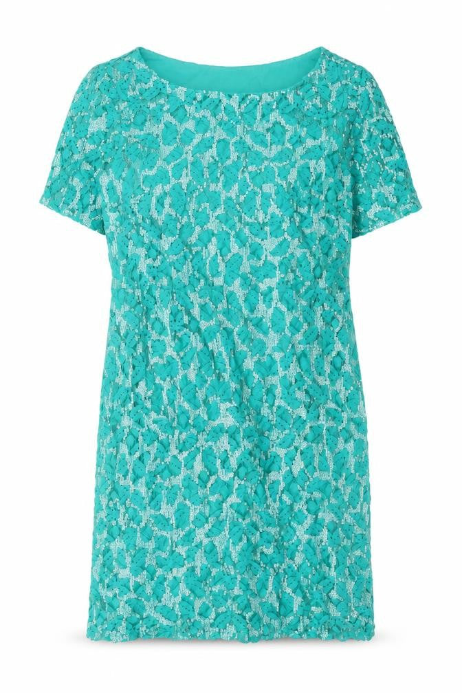 Front view of Monsoon women’s green geometric cotton shift, size UK 8, boat neck zip