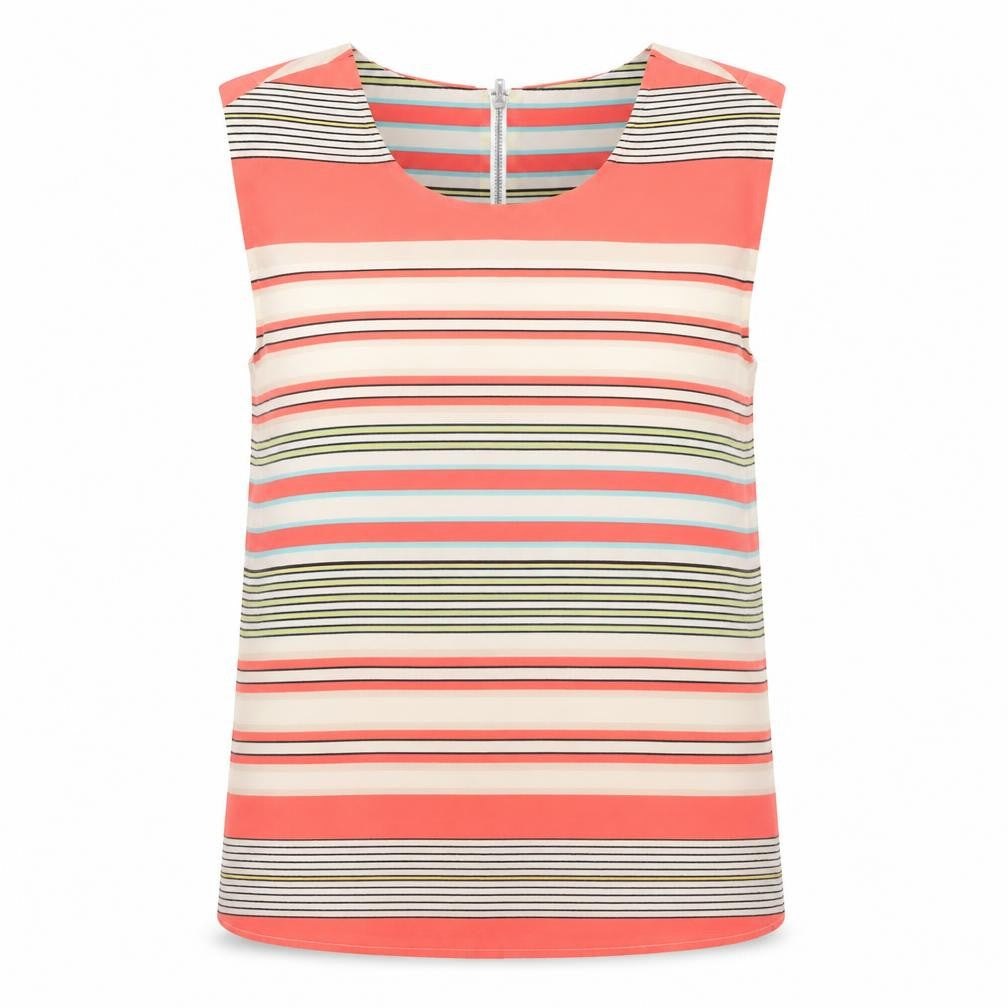Front view of Oasis women’s multicoloured striped polyester basic blouse, size UK 10, scoop neck