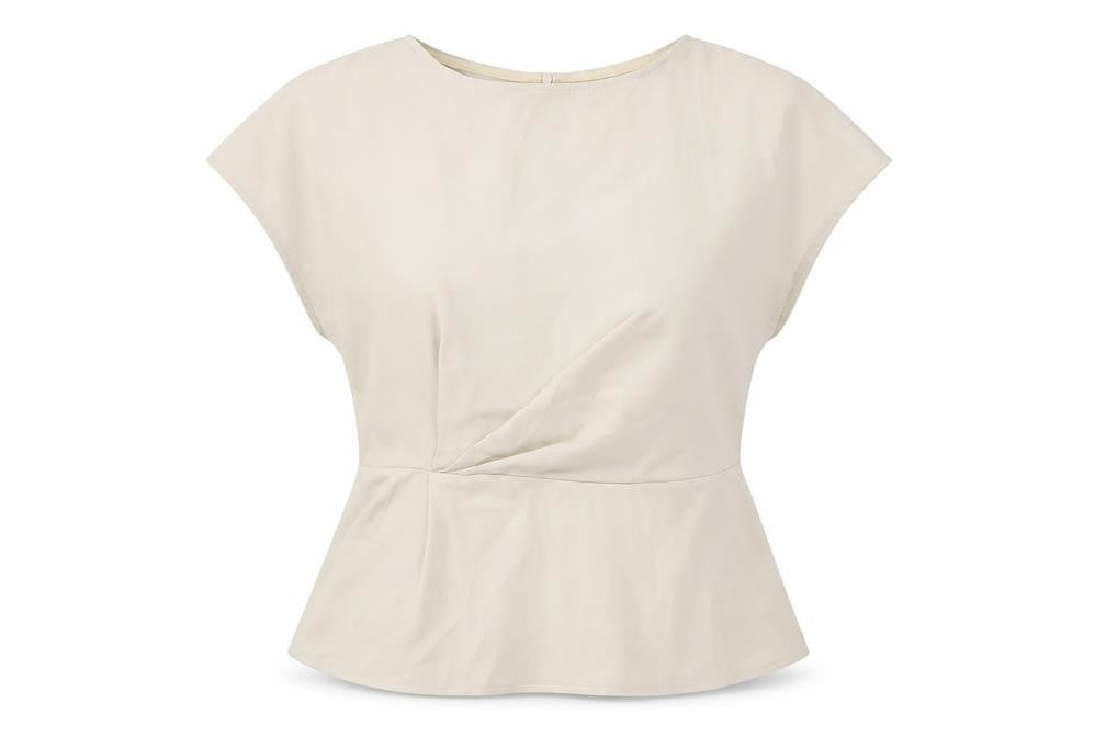 Front view of MOTF women’s beige polyester basic blouse, size L, round neck