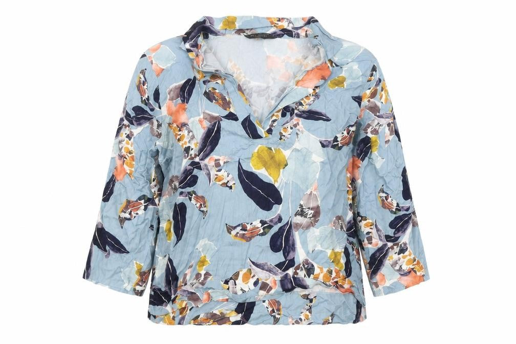 Front view of Secret Possessions women’s blue geometric viscose basic blouse, size UK 12, v-neck - feather