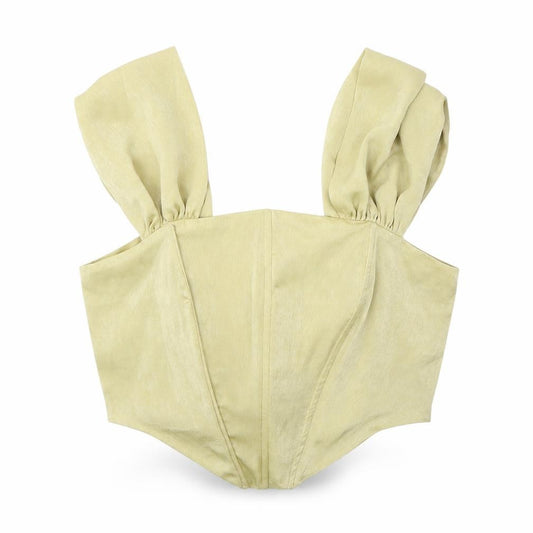 Front view of PRETTYLITTLETHING women’s beige polyester cropped blouse, size UK 8, square neck