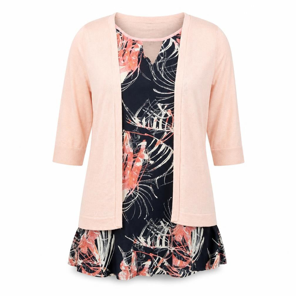 Front view of Next women’s pink geometric cotton basic blouse, size UK 10, round neck