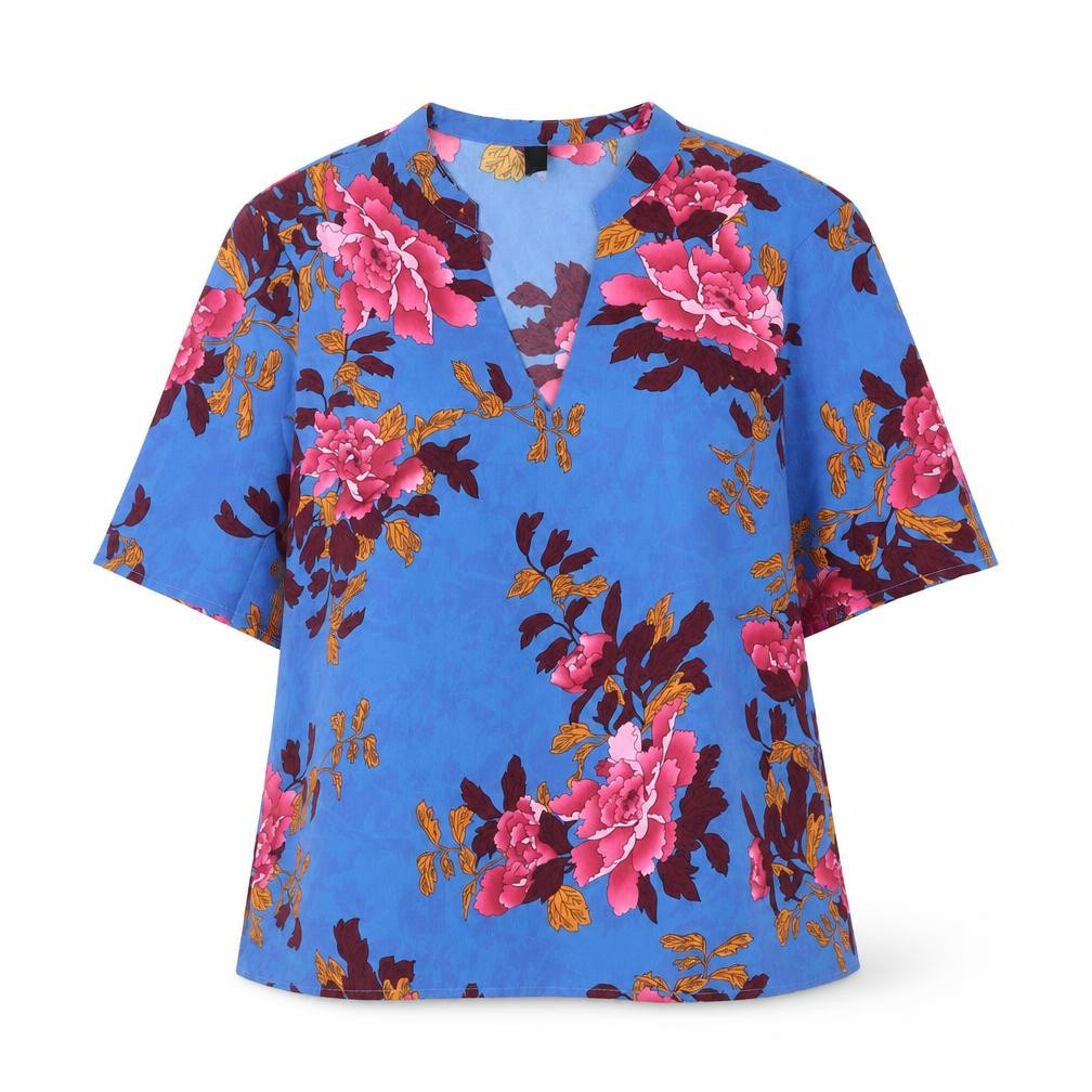 Front view of Y.A.S women’s blue floral polyester basic blouse, size L, v-neck