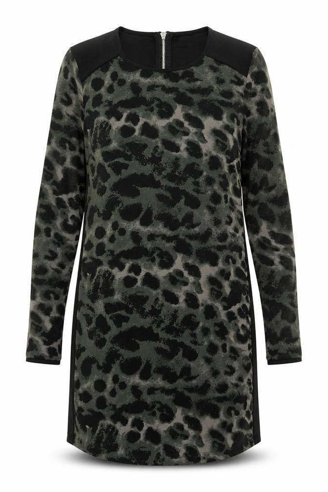 Front view of Religion women’s green animal print polyester shift, size UK 10, boat neck pullover - leopard print